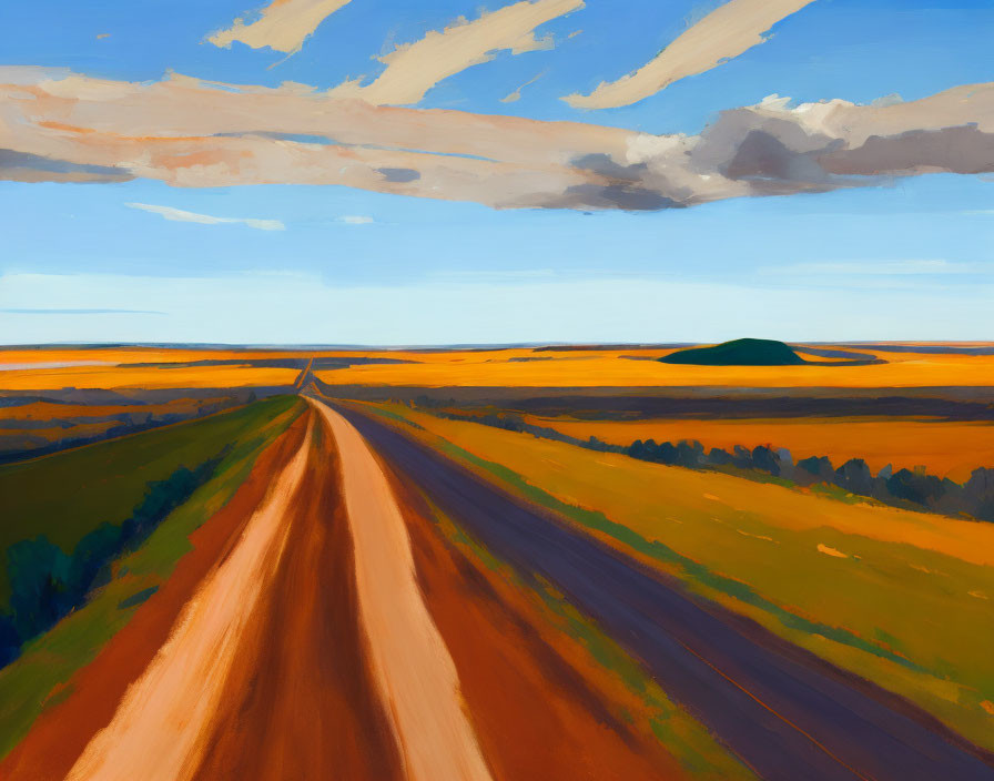 Scenic painting of long road, colorful fields, blue sky