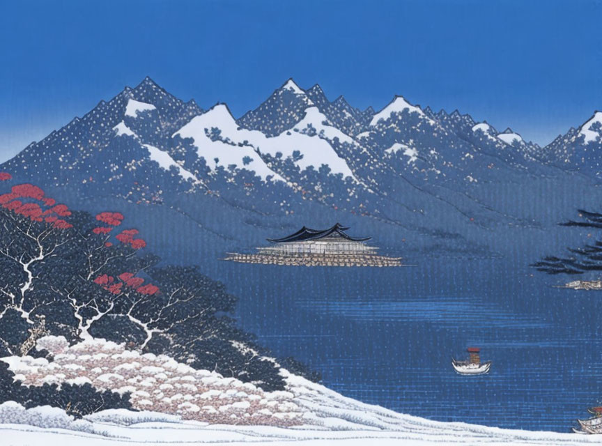 Japanese Woodblock Print: Snowy Mountains, Calm Sea, Boat, Red and White Flora