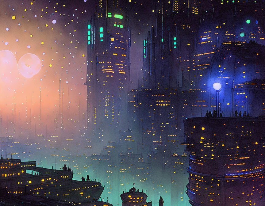 Futuristic sci-fi cityscape with glowing skyscrapers and twin moons