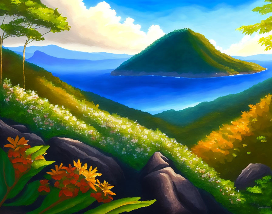 Scenic painting of green hillside, flowers, sea, island, and clear sky