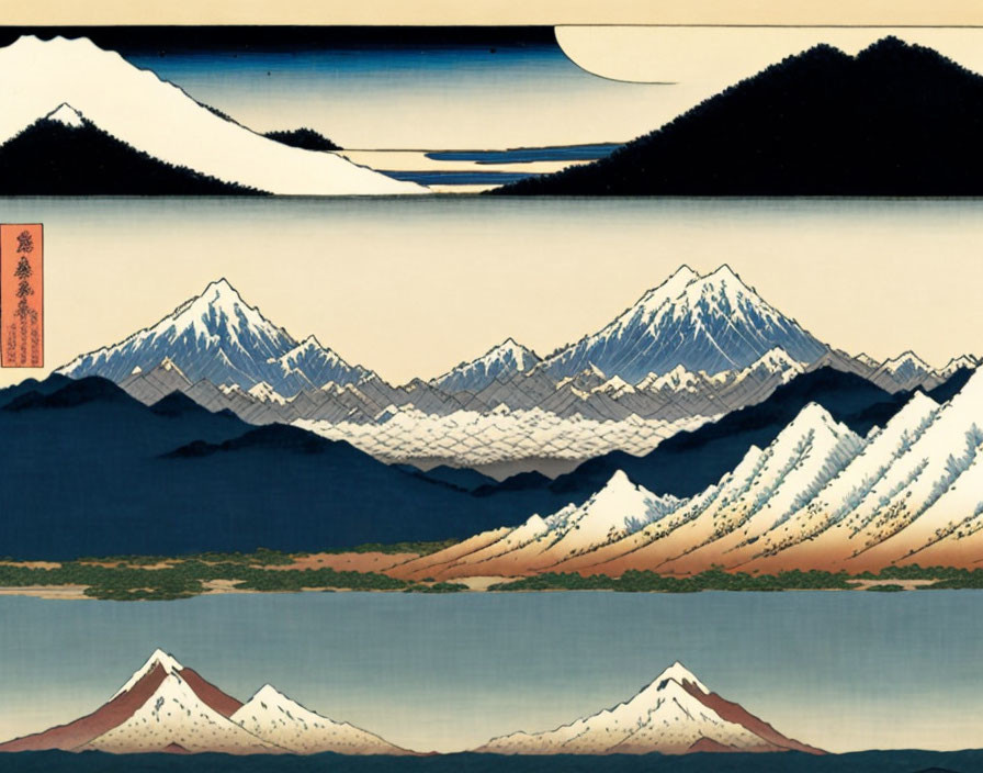 Traditional Japanese Woodblock Print: Mount Fuji, Snow-capped Peaks, Blue Sky, White Moon/S