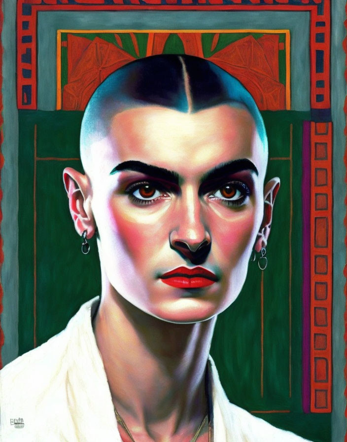 Shaved head person with stern gaze, hoop earrings, in white outfit against red and green background