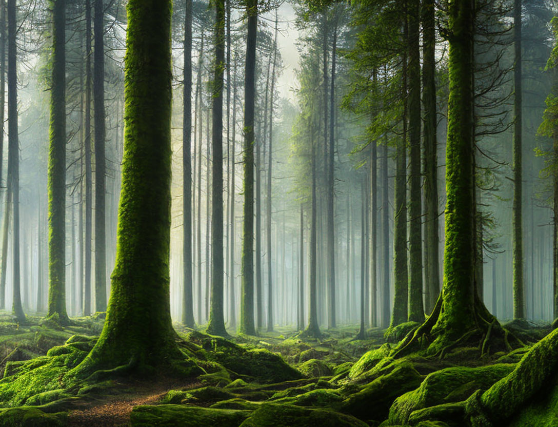 Misty moss-covered forest with tall trees in sunlight