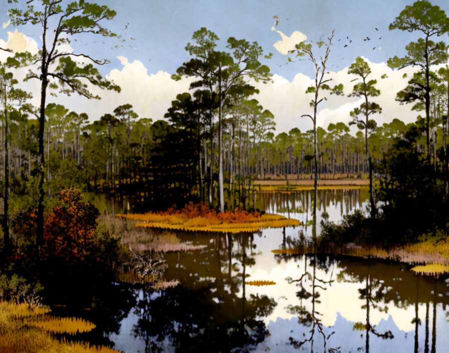 Tranquil wetland scenery with pine trees and clear sky