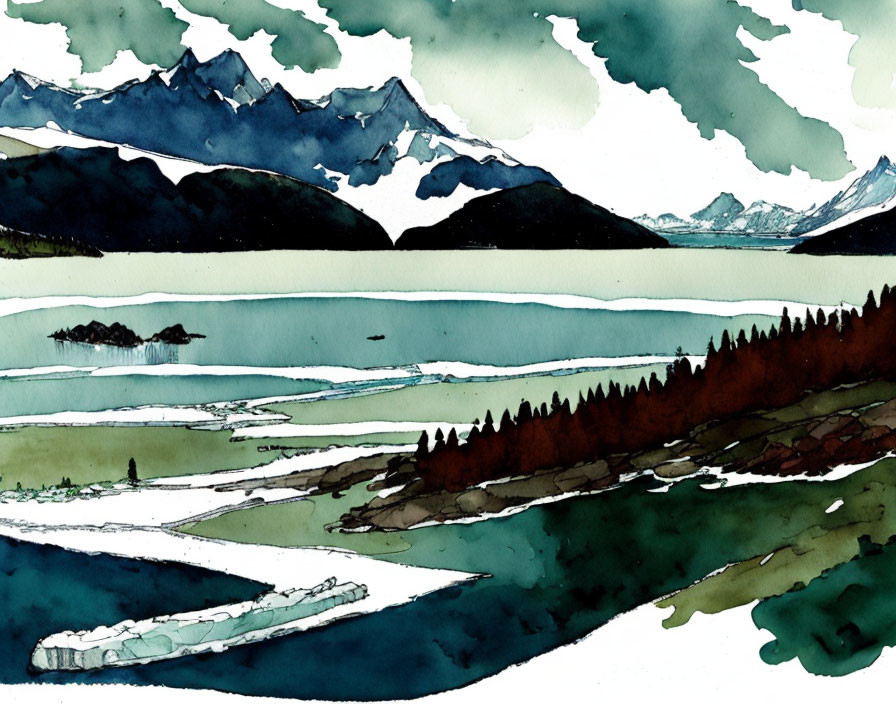 Serene landscape watercolor painting with layered mountains, calm lake, and lush greenery