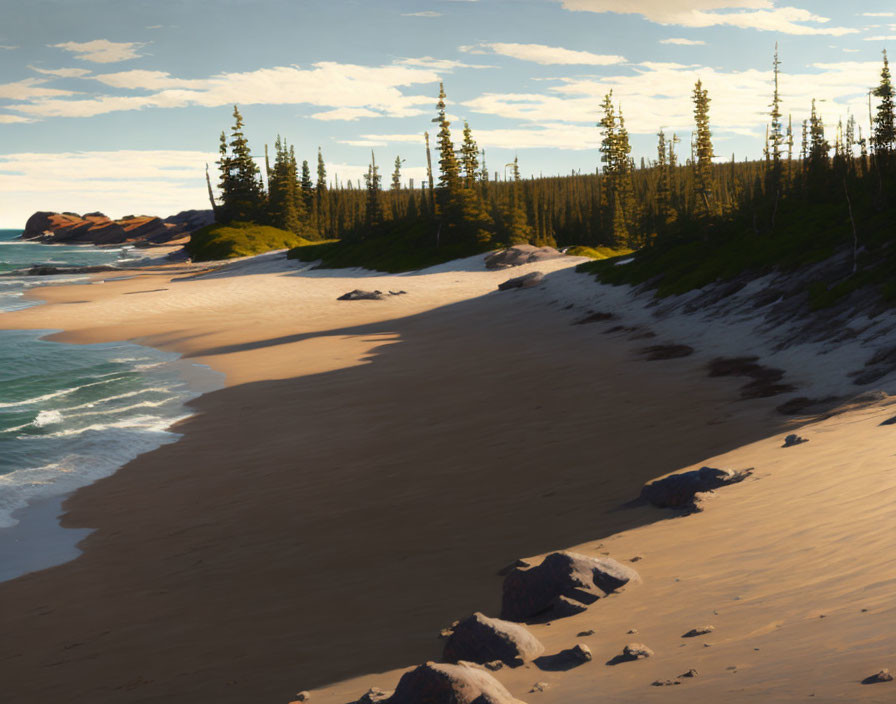 Tranquil beach scene with forest backdrop and footprints in sand