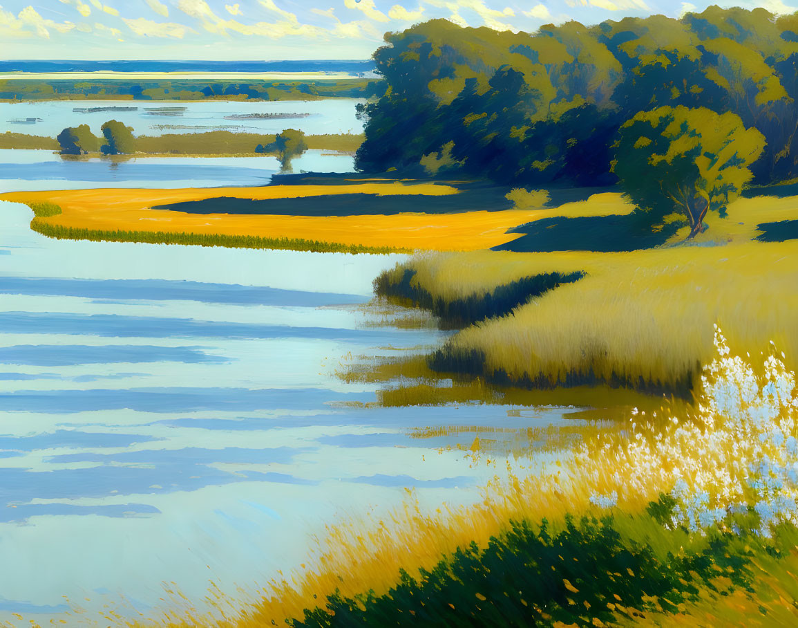 Landscape painting: river, lush trees, grasses, dynamic brushstrokes