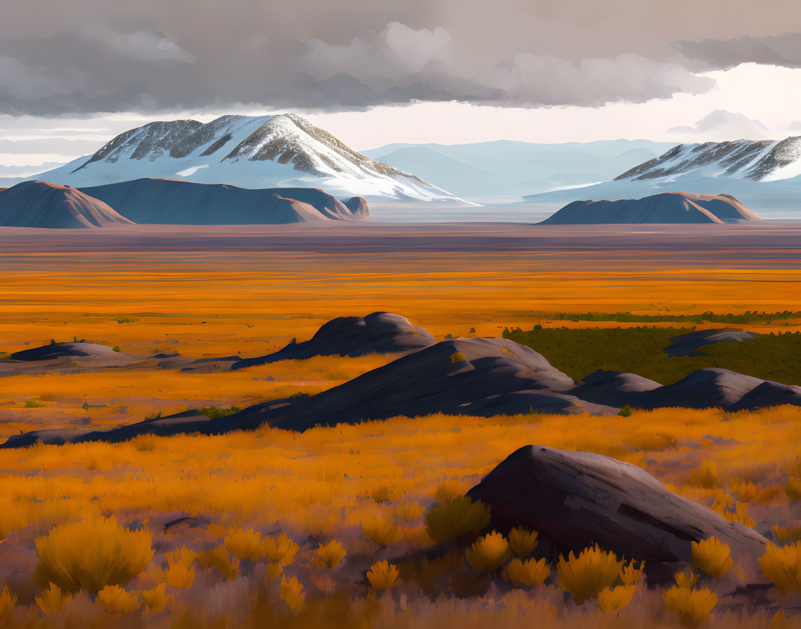 Golden fields under cloudy sky with dark mountains and scattered rocks