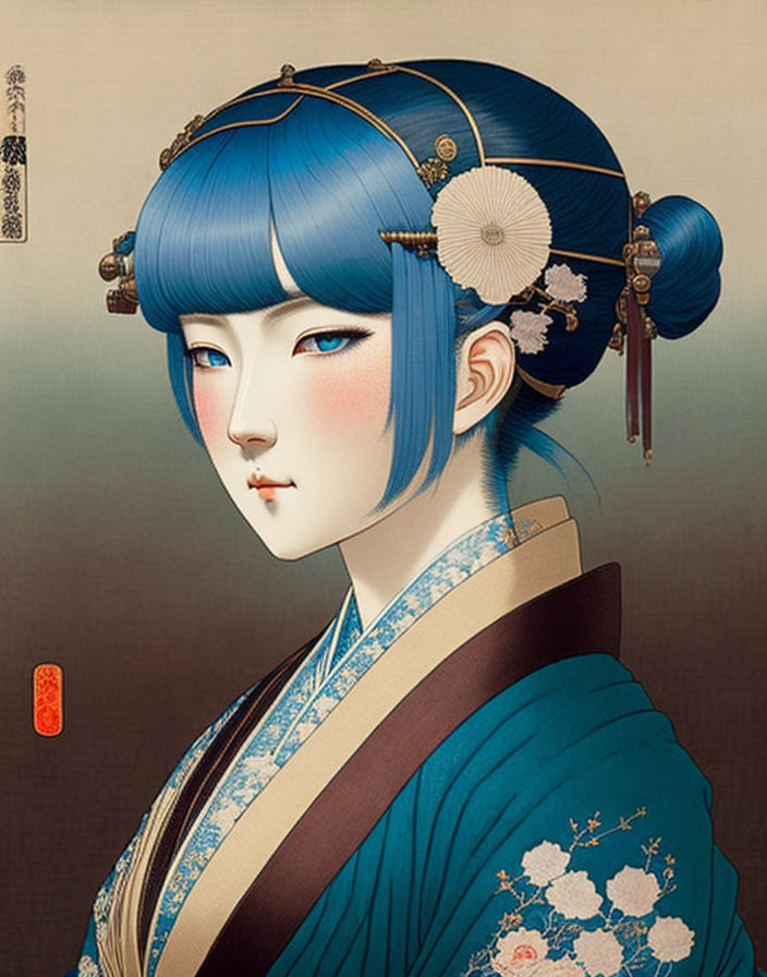 Digital illustration: Woman with blue hair in traditional Japanese style with decorative hairpins and serene expression