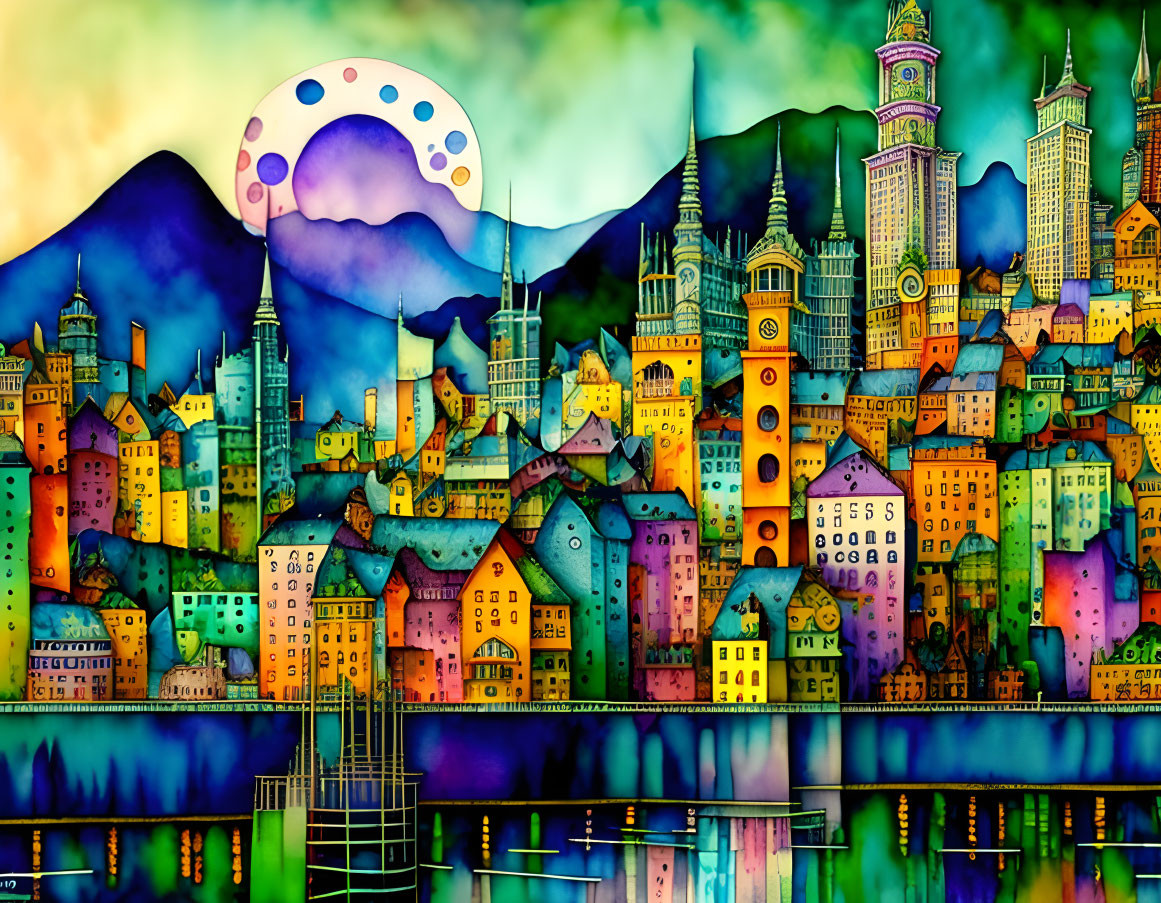 Colorful cityscape painting with moon, mountains, and river