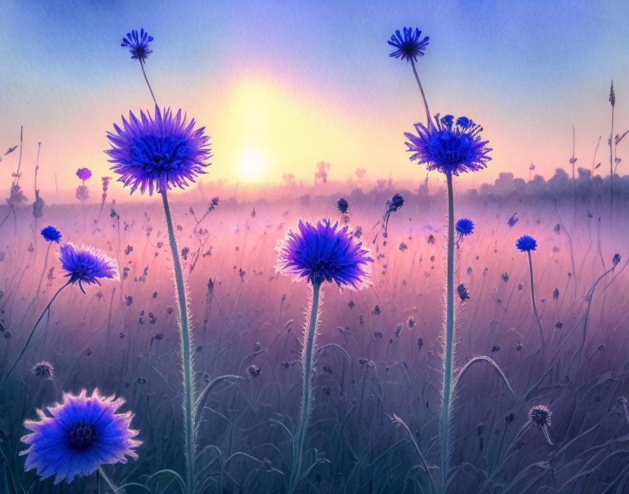 Misty meadow with vivid blue flowers at sunrise