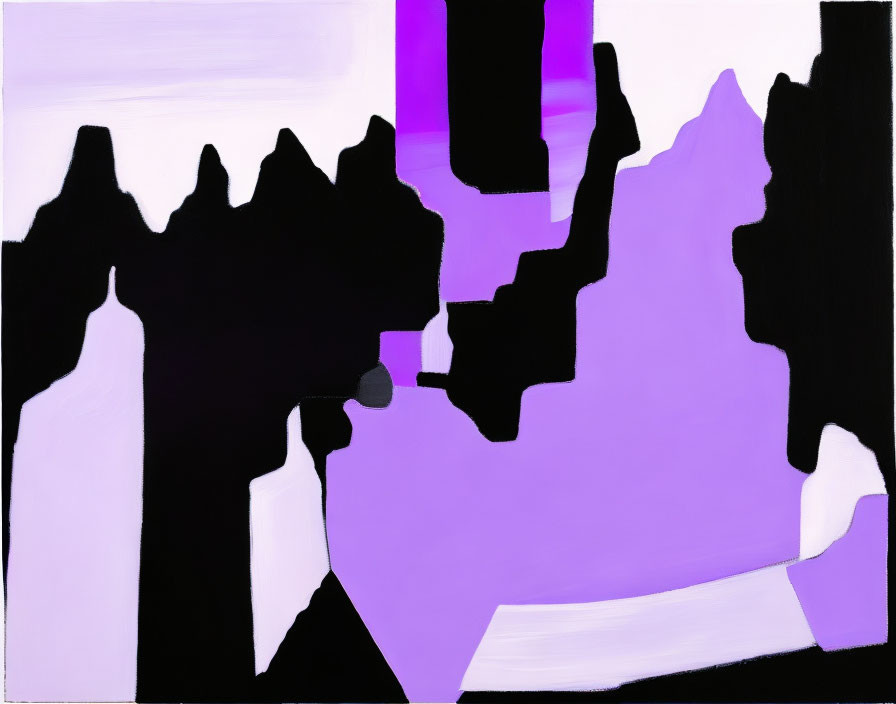 Amorphous black shapes on purple and white canvas