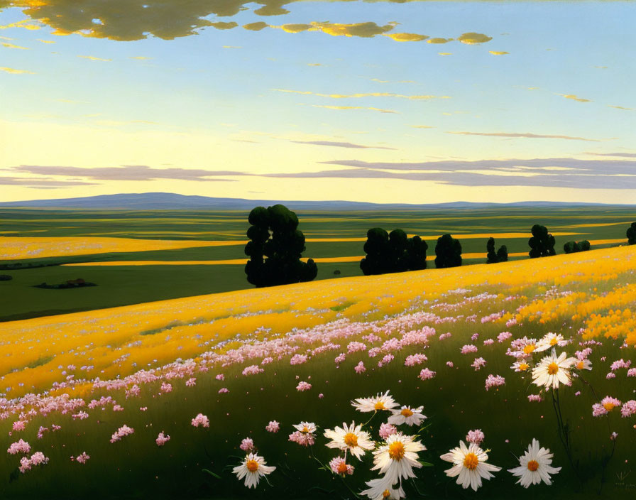 Tranquil landscape with wildflowers, yellow fields, and blue skies