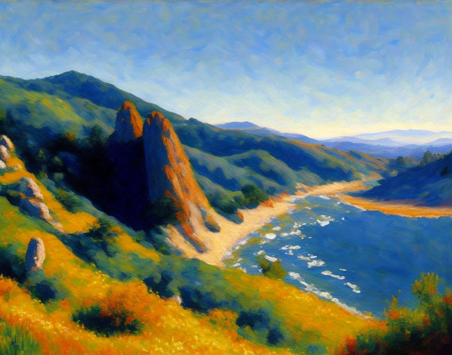 Vibrant impressionist landscape: river, lush hills, blue sky