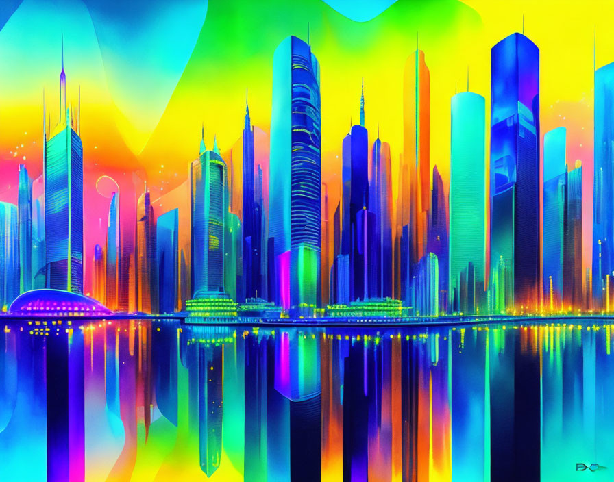 Futuristic cityscape digital art with neon lights & skyscrapers