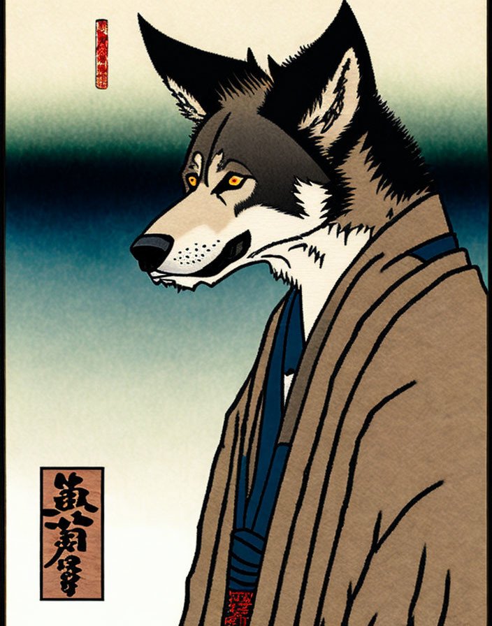 Anthropomorphic wolf in Japanese attire with calligraphy art