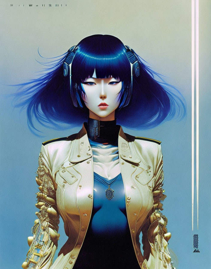 Blue-haired female character in futuristic attire with headphones and stylish jacket