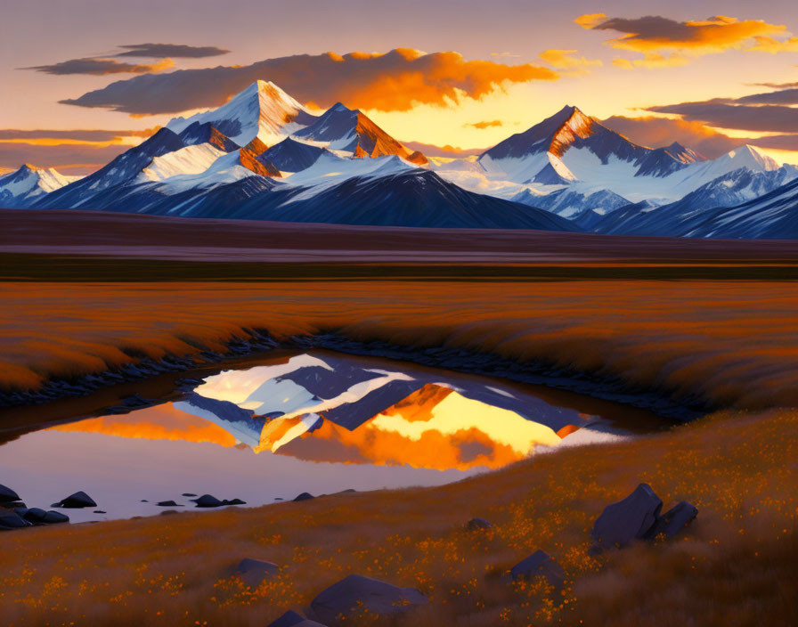 Snowy Mountains Sunset Reflection in Clear Pond Amidst Golden Fields