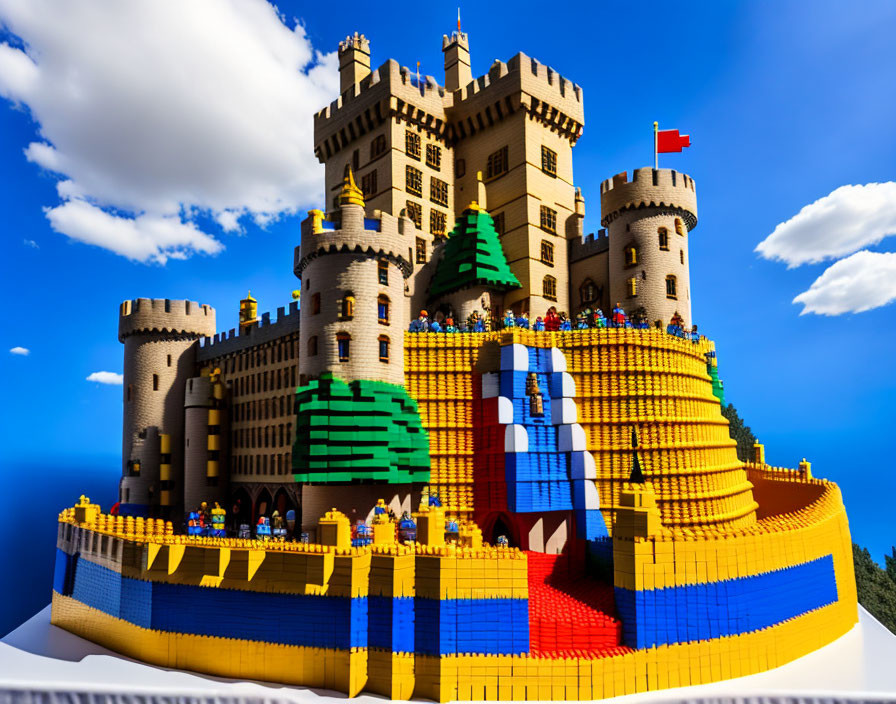 Colorful Lego castle with towers and flag on blue sky background