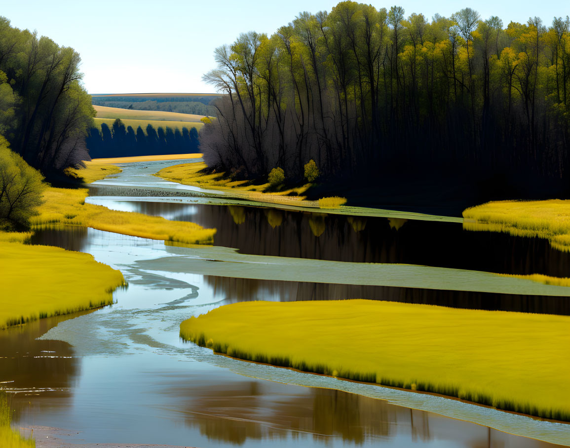 Tranquil river winding through yellow grasslands and green trees