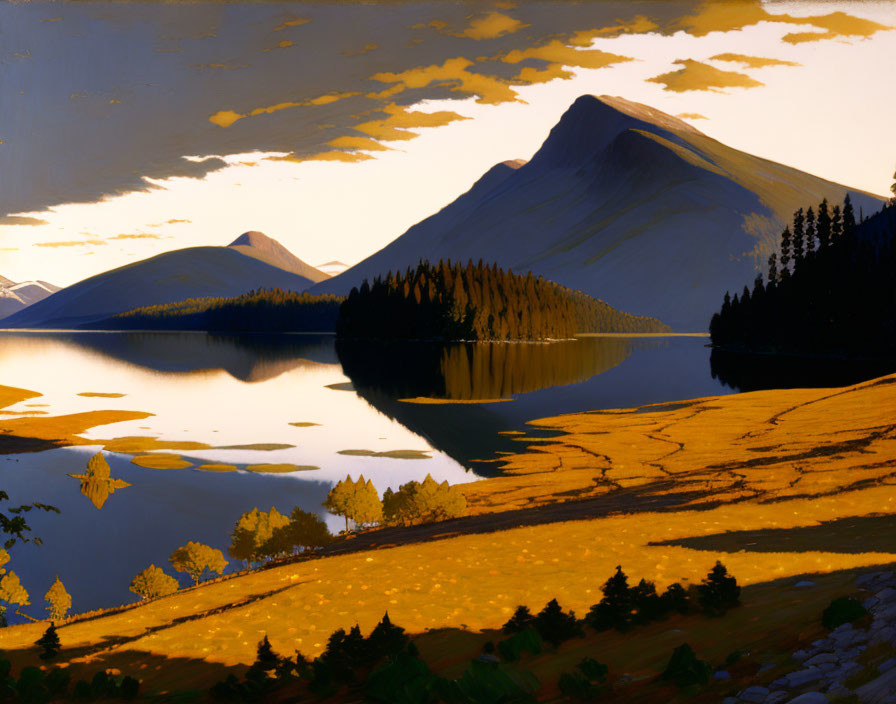 Tranquil lake, golden fields, mountains: serene landscape painting