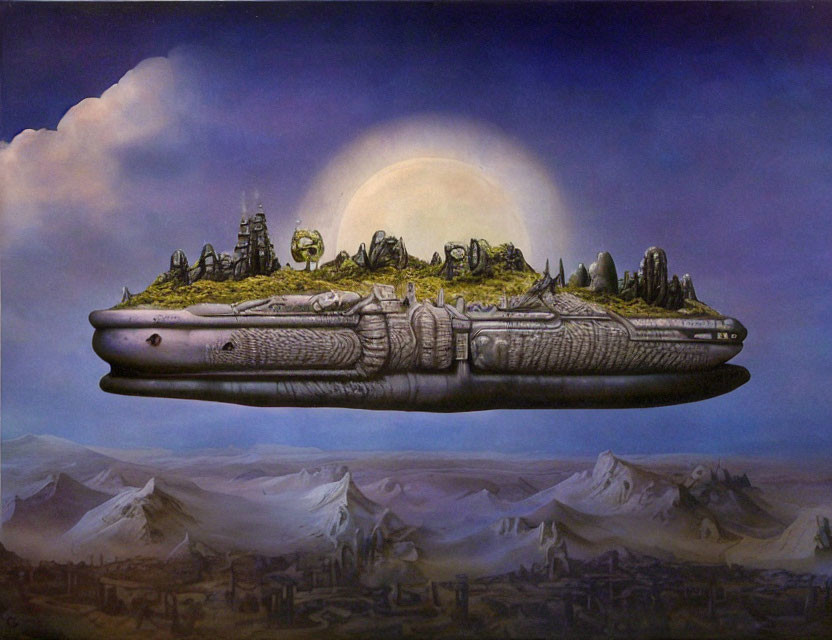 Floating Island Resembling Spaceship with Moon and Mountainous Terrain