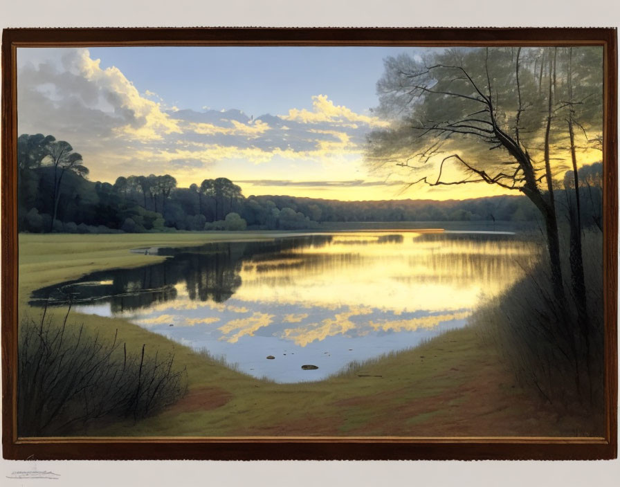 Serene lake at sunset with reflections, trees, and glowing sky