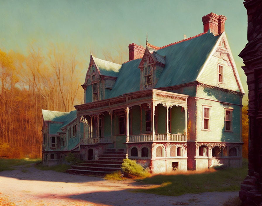 Tranquil painting of old Victorian house in soft light