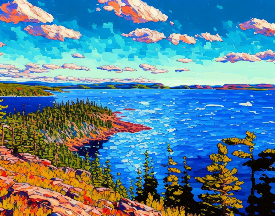 Colorful Coastal Landscape Painting with Sparkling Waters and Lush Greenery