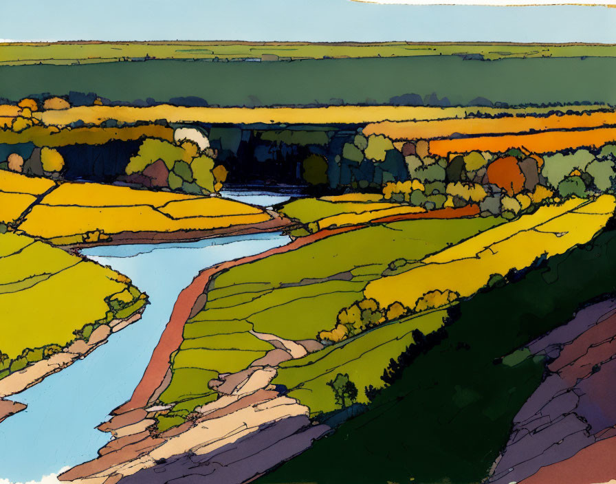 Colorful landscape painting with meandering river and vibrant foliage under blue skies