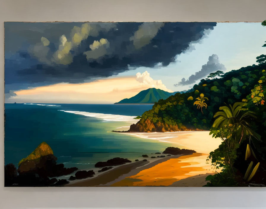 Tranquil beach scene at dusk with dark clouds, greenery, and distant mountain