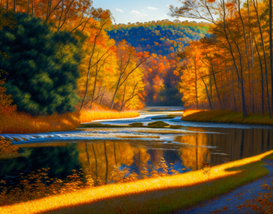 Tranquil autumn landscape with colorful foliage, river reflection, shadowed path, and hilly backdrop