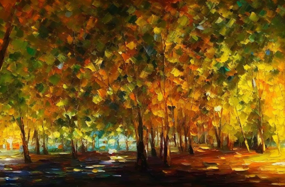 Vibrant Autumnal Forest Painting with Dappled Sunlight