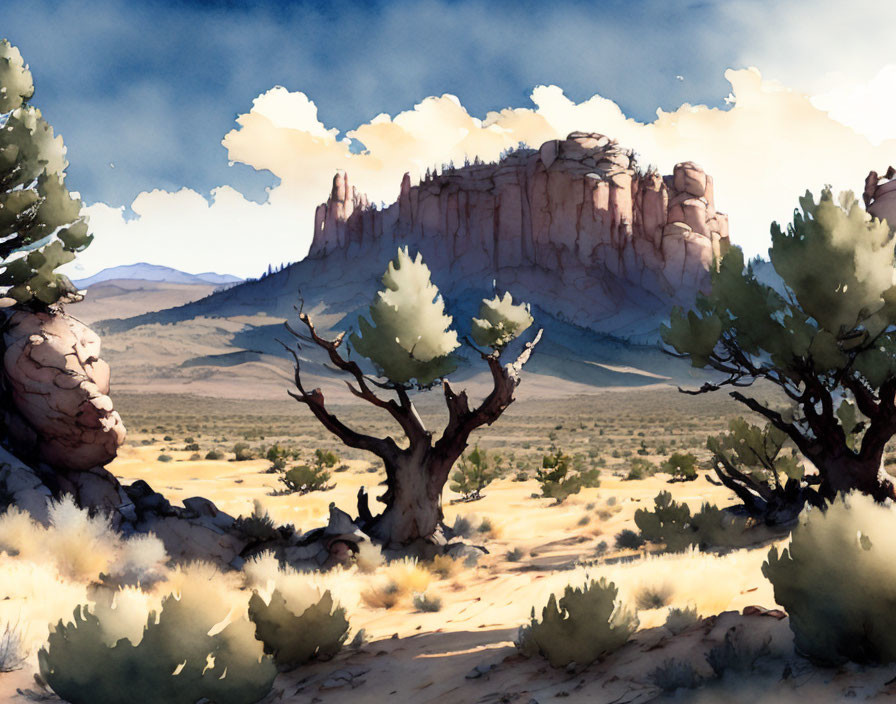 Desert landscape watercolor illustration with rocky formations and mesa