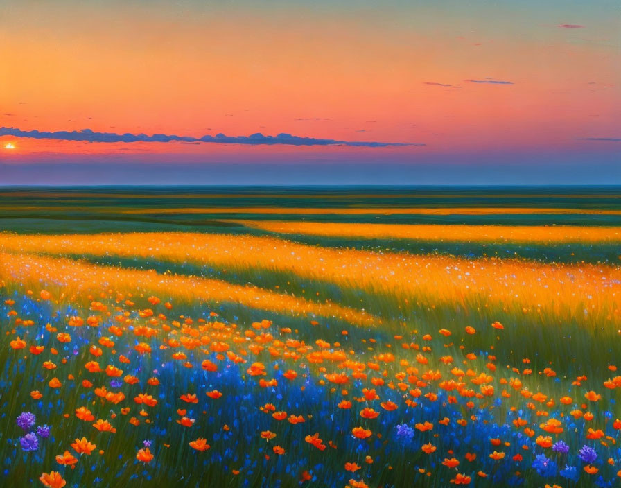 Colorful sunset over wildflower field with orange, blue, and green hues