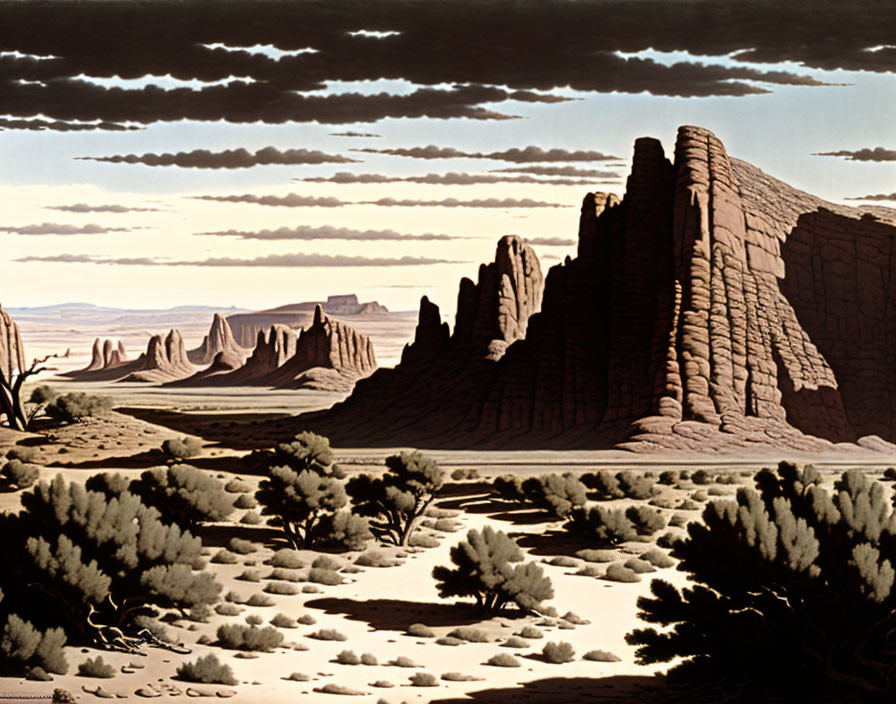 Desert landscape with sandstone formations and shrubs