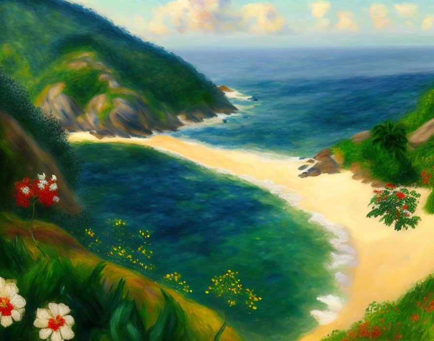 Impressionistic painting of secluded beach with lush greenery