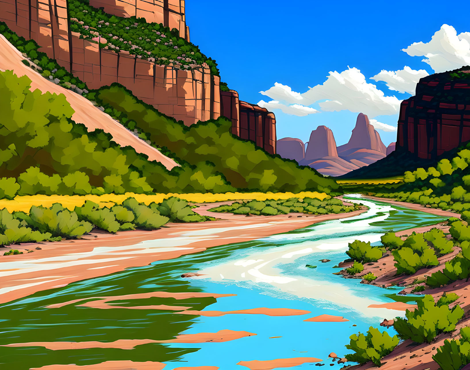 Scenic desert canyon with river, red cliffs, and green vegetation