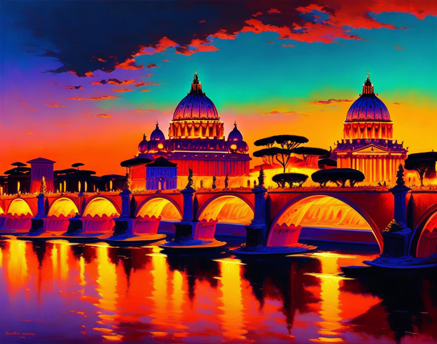 Colorful painting of domed architecture and bridge reflecting in water at dawn/dusk