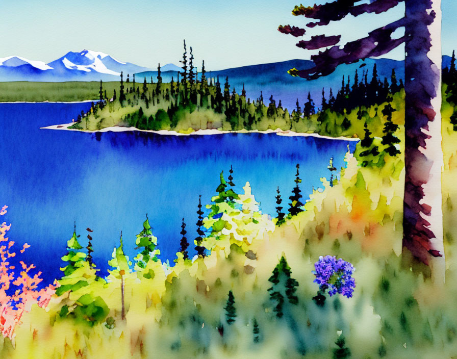 Serene watercolor landscape with blue lake, green forest, snowy mountains, and vibrant vegetation