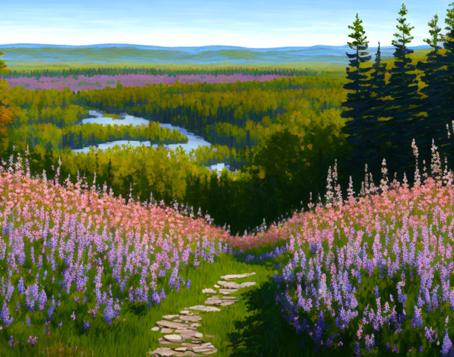 Colorful landscape painting: stone pathway, pink and purple wildflowers, lush forest, lakes, rolling