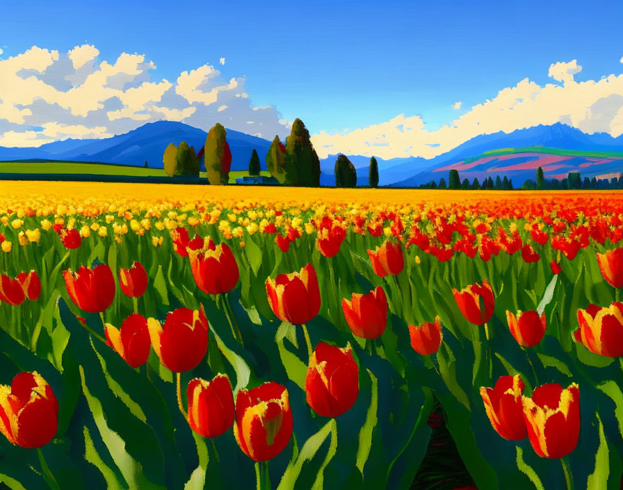 Colorful Tulip Field Surrounded by Trees and Mountains