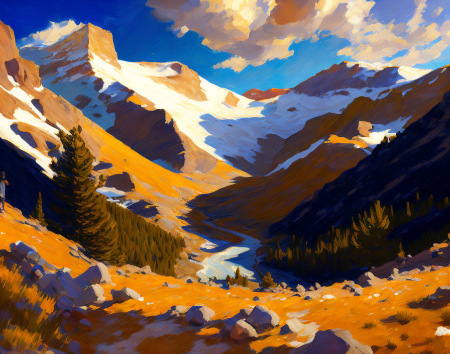 Snow-capped mountain in sunlit alpine landscape