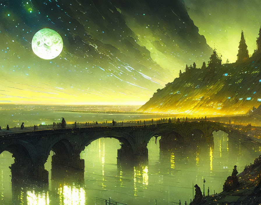 Fantastical cityscape at dusk with glowing green moon and shooting stars