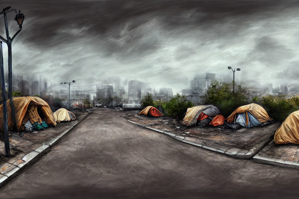 Overcast cityscape with tents on desolate street.