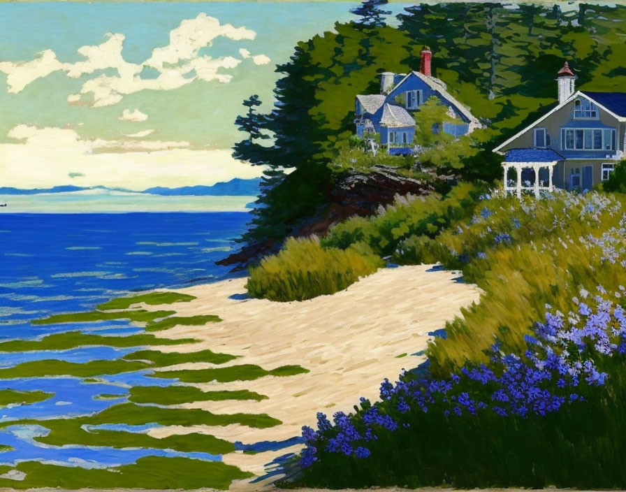 Tranquil beach scene with house, greenery, and flowers under cloudy sky