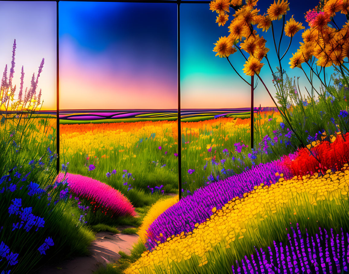 Vibrant garden with colorful flowers under a sunset sky