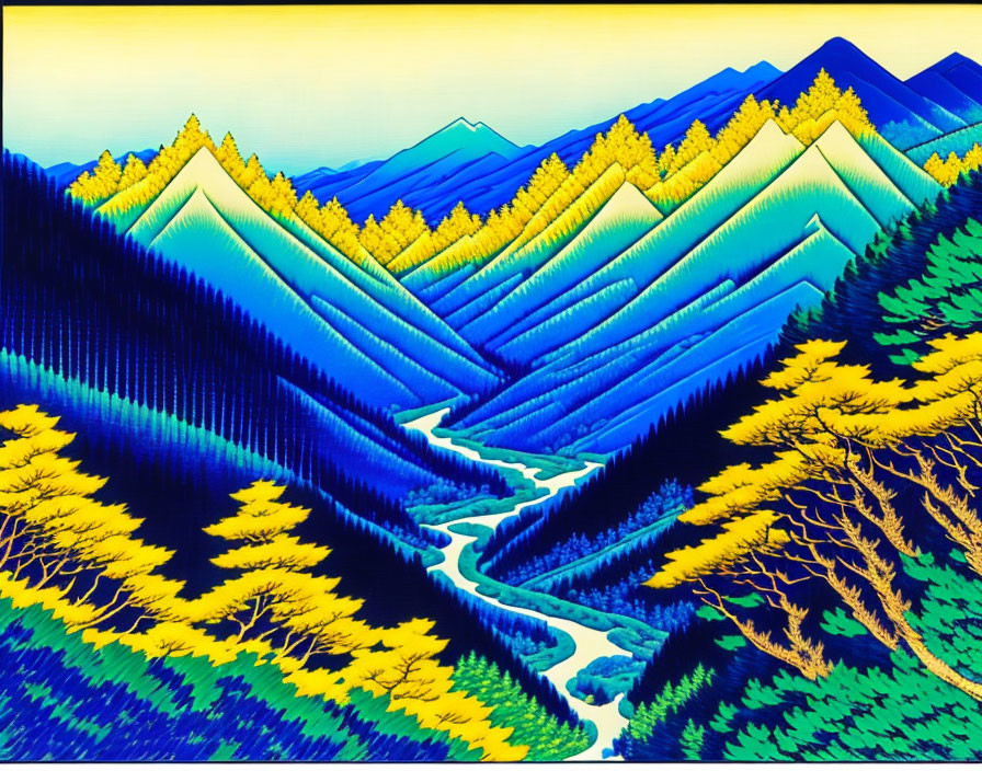 Colorful Mountain Valley Artwork with Patterned Forests and Blue River