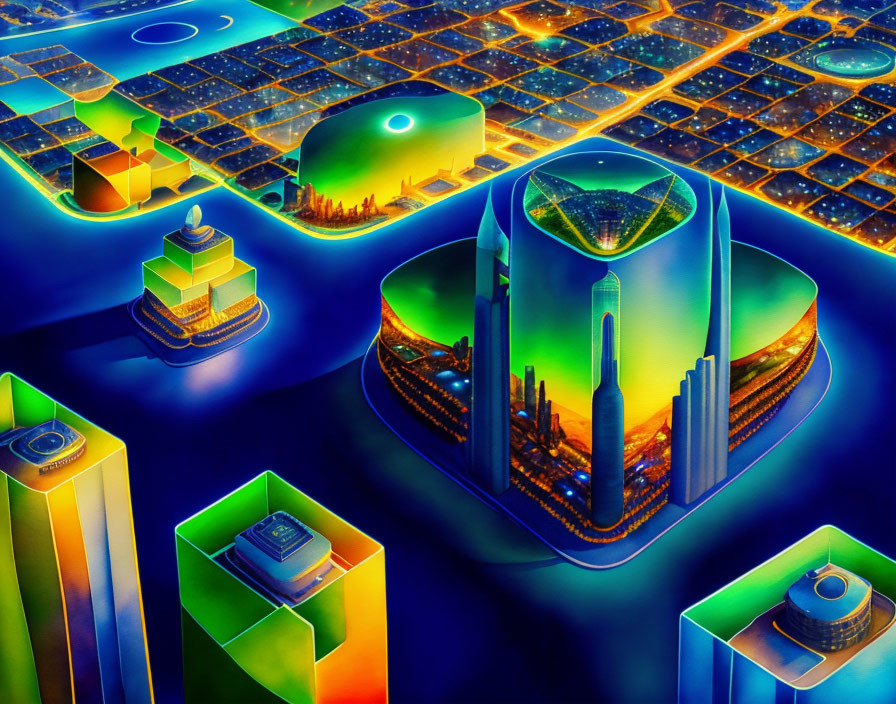 Futuristic cityscape illustration with glowing structures and solar panels.