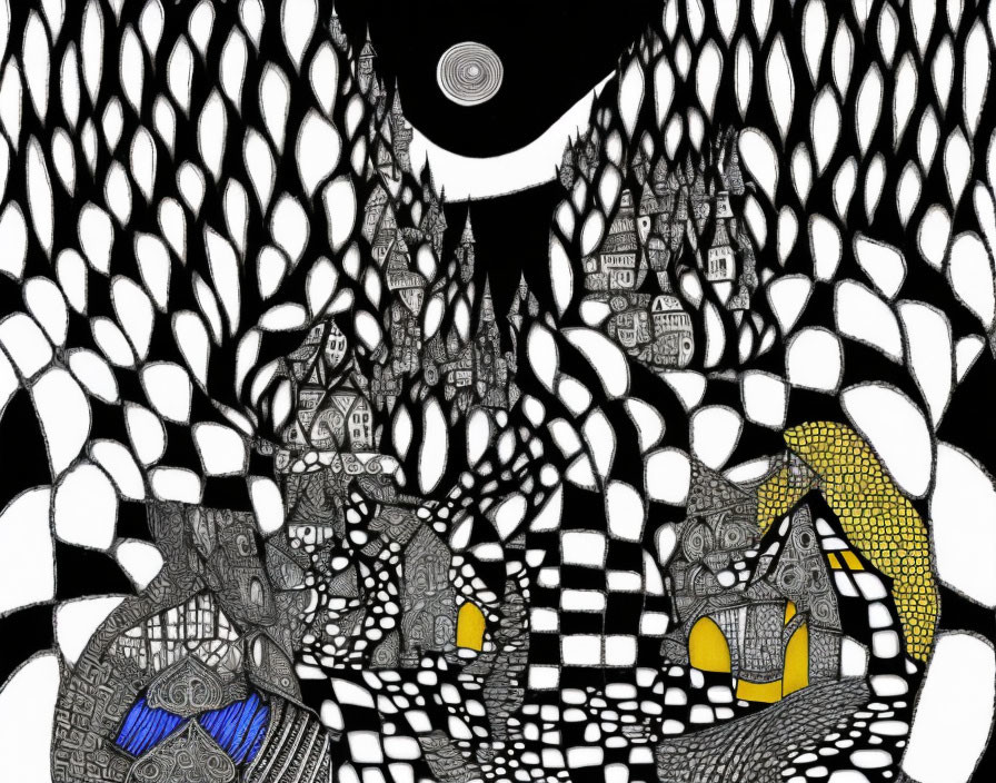 Surreal black and white illustration of distorted checkered landscapes, whimsical houses, and eye-like